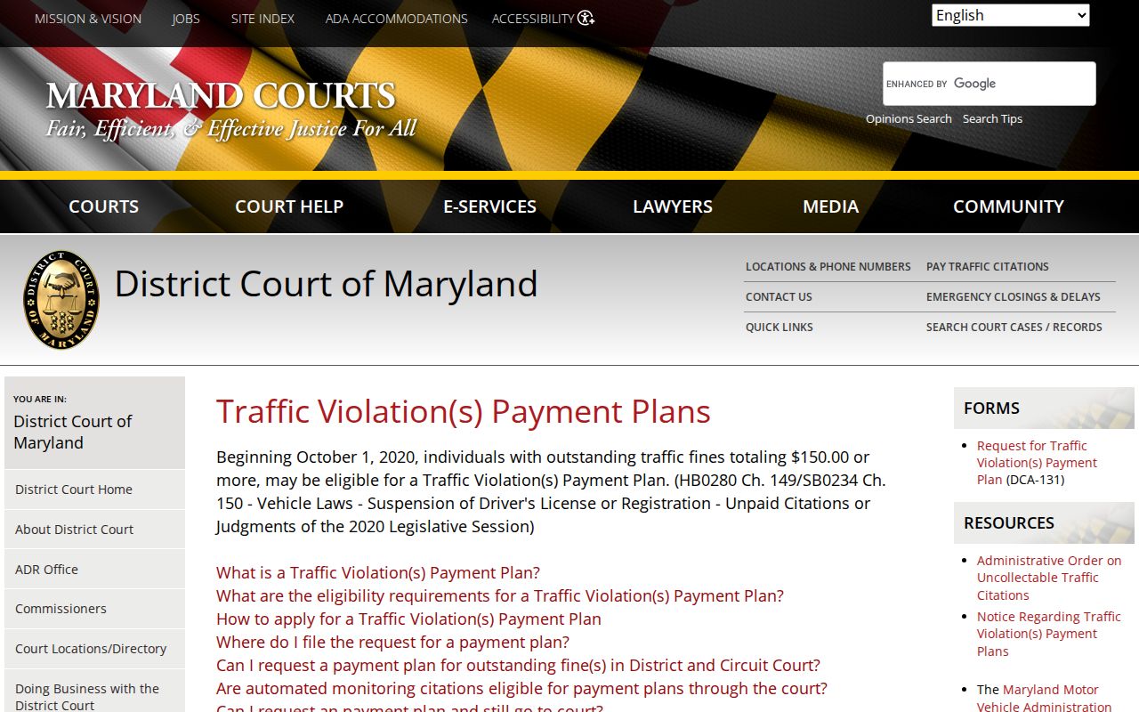 Maryland DCA-131 traffic fine plan instructions related to a traffic warrant