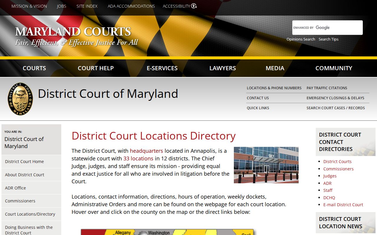 Maryland District Court location directory for city warrant checks