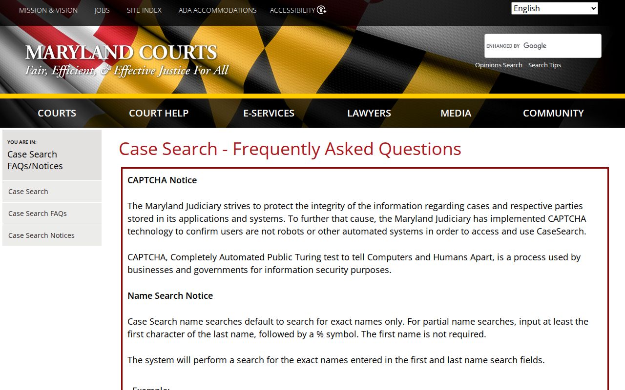 Maryland warrant check reference: Judiciary Case Search FAQ describing name search, CAPTCHA, and partial-name guidance