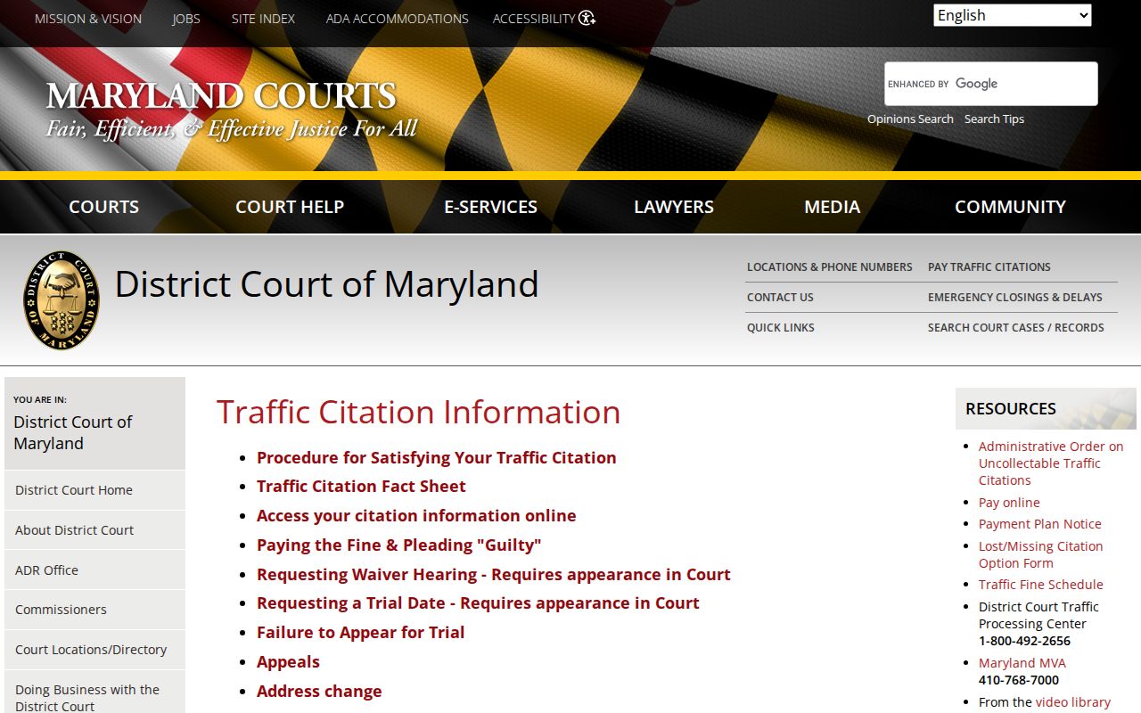 Maryland traffic warrant citation response options from the District Court