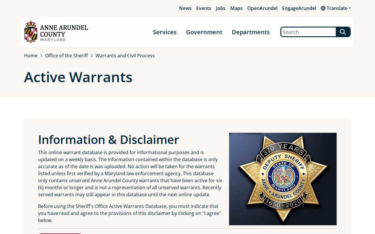 Maryland county sheriff active-warrant page disclaimer and list heading
