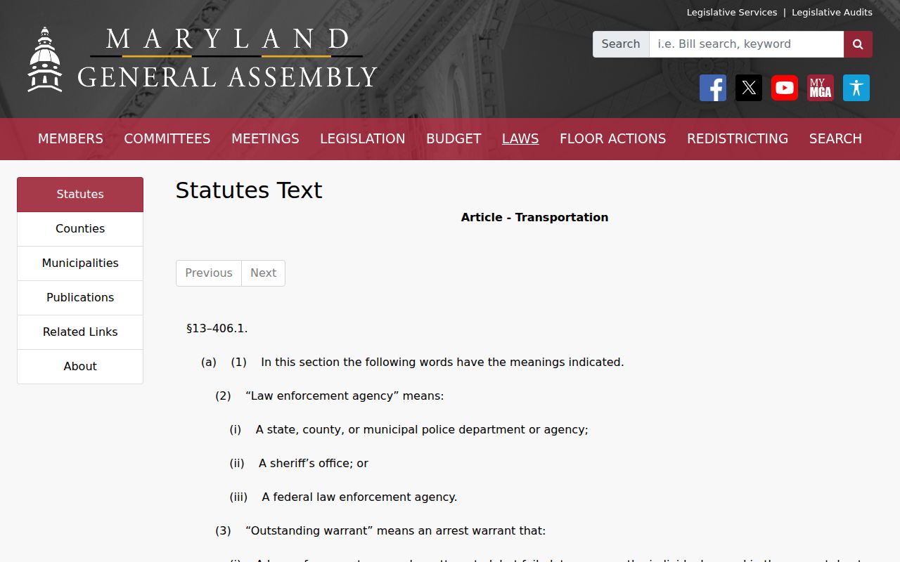 Maryland traffic warrant registration restriction statute conditions