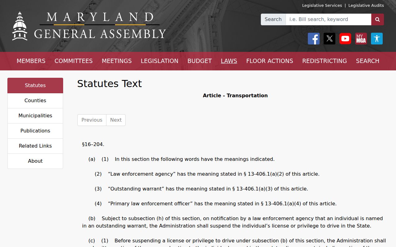 Maryland traffic warrant license suspension statute text