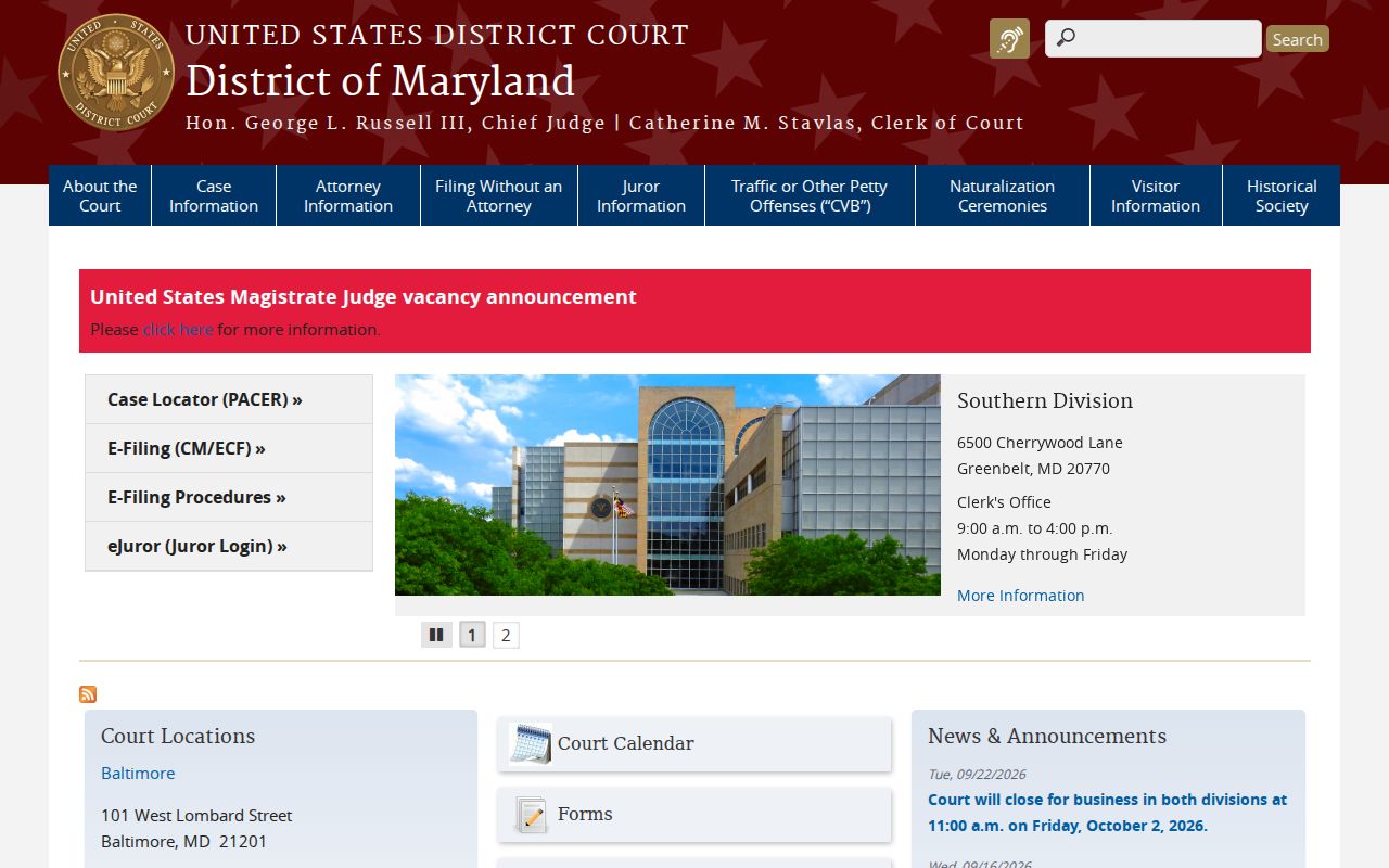 Maryland federal warrant records court homepage
